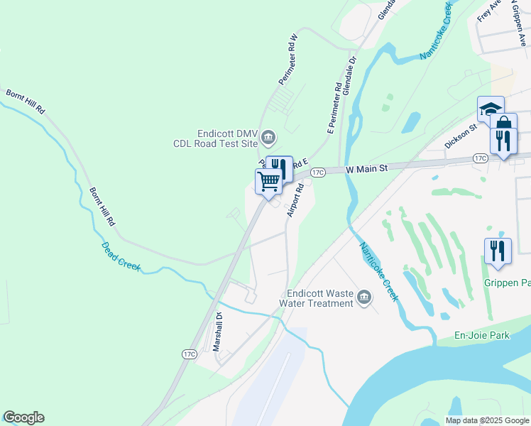 map of restaurants, bars, coffee shops, grocery stores, and more near 1230 Campville Road in Endicott