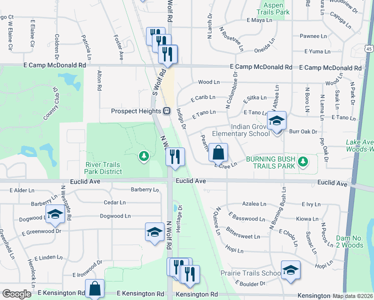 map of restaurants, bars, coffee shops, grocery stores, and more near 1330 Indigo Drive in Mount Prospect
