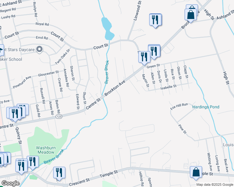 map of restaurants, bars, coffee shops, grocery stores, and more near 15 Davis Street in Abington