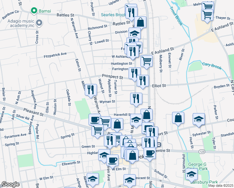 map of restaurants, bars, coffee shops, grocery stores, and more near 66 Turner Street in Brockton