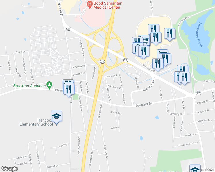 map of restaurants, bars, coffee shops, grocery stores, and more near 54 Westland Street in Brockton