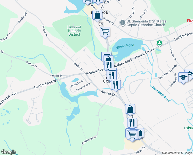 map of restaurants, bars, coffee shops, grocery stores, and more near 11 Sayles Street in Uxbridge