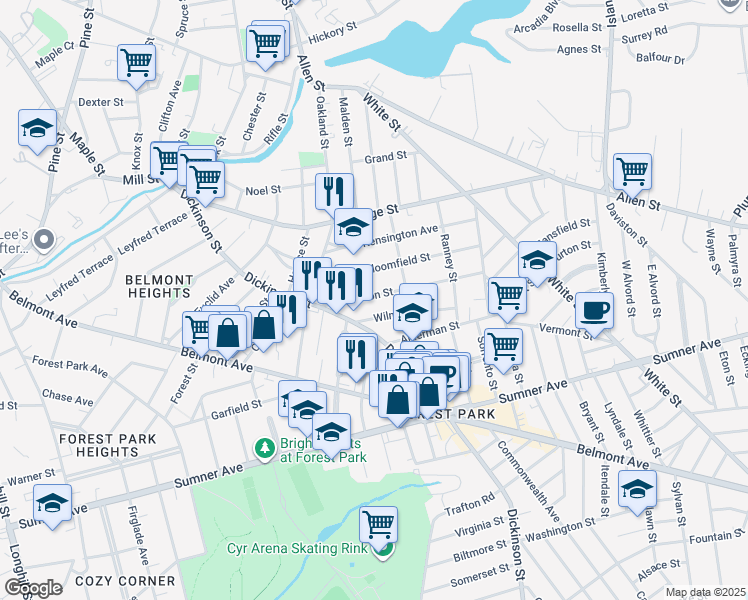 map of restaurants, bars, coffee shops, grocery stores, and more near 58 Johnson Street in Springfield
