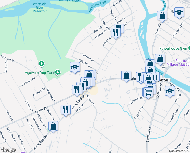 map of restaurants, bars, coffee shops, grocery stores, and more near 242 Maple Street in Agawam