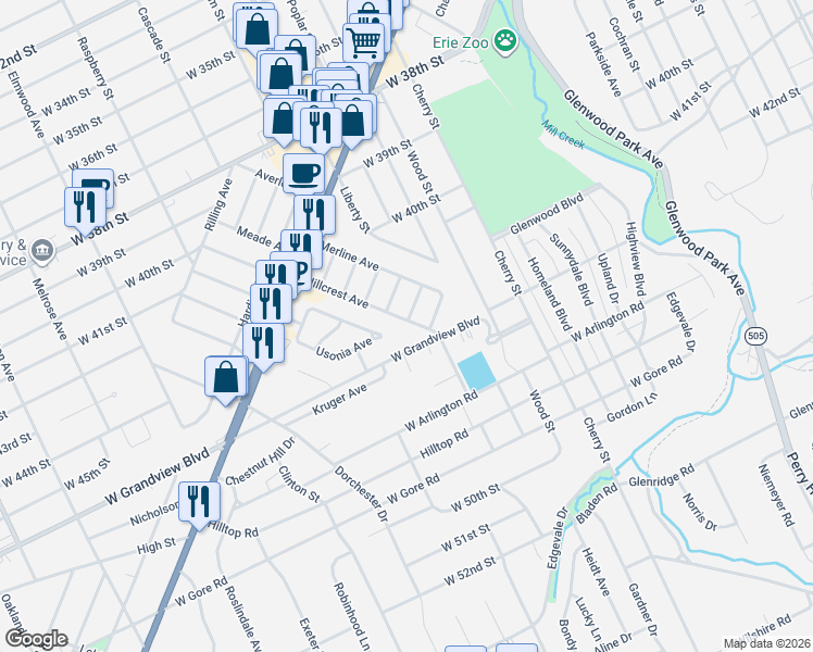 map of restaurants, bars, coffee shops, grocery stores, and more near 413 Hillcrest Avenue in Erie