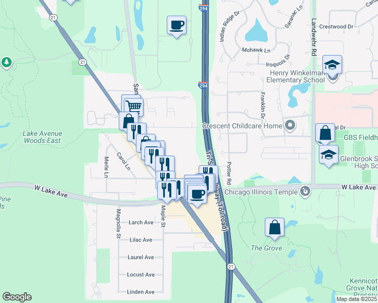 map of restaurants, bars, coffee shops, grocery stores, and more near 3444 Salem Walk in Northbrook