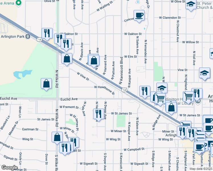 map of restaurants, bars, coffee shops, grocery stores, and more near 1118 West Hawthorne Street in Arlington Heights