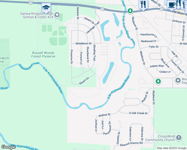 map of restaurants, bars, coffee shops, grocery stores, and more near 600 Stearn Drive in Genoa