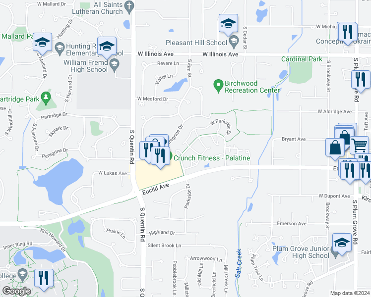 map of restaurants, bars, coffee shops, grocery stores, and more near 1284 South Parkside Drive in Palatine