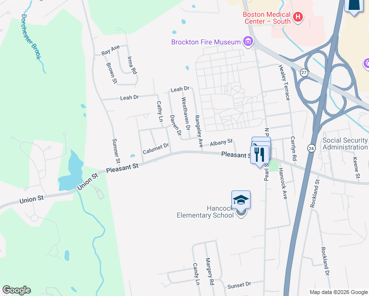 map of restaurants, bars, coffee shops, grocery stores, and more near 1237 Pleasant Street in Brockton