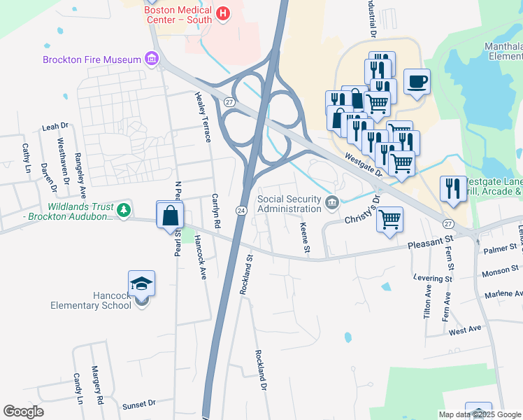 map of restaurants, bars, coffee shops, grocery stores, and more near 54 Westland Street in Brockton