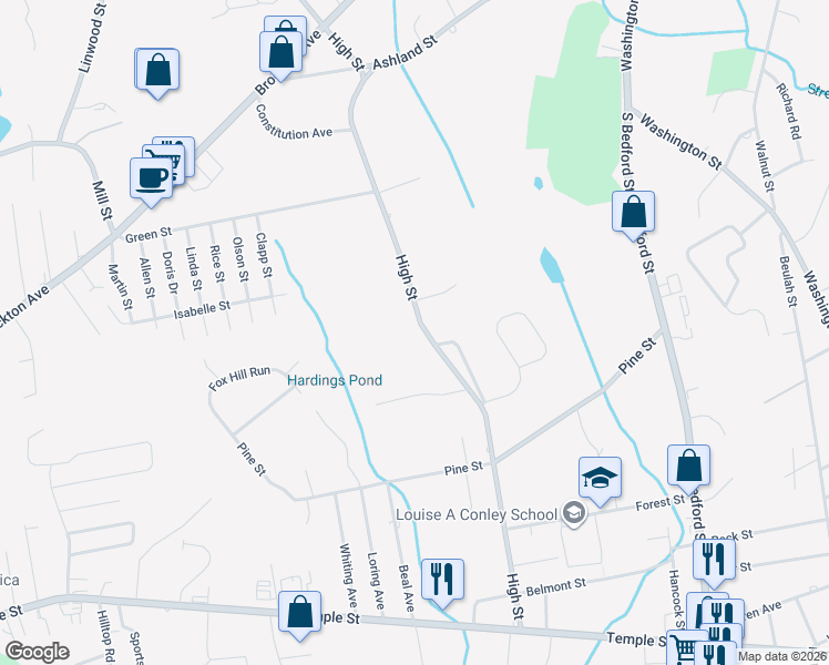 map of restaurants, bars, coffee shops, grocery stores, and more near 342 High Street in Whitman