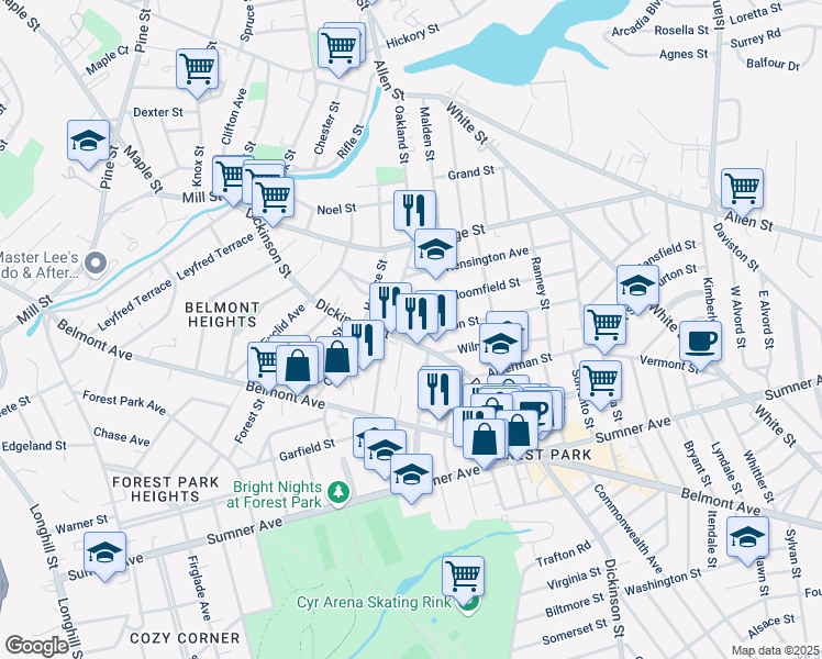 map of restaurants, bars, coffee shops, grocery stores, and more near 16 Johnson Street in Springfield