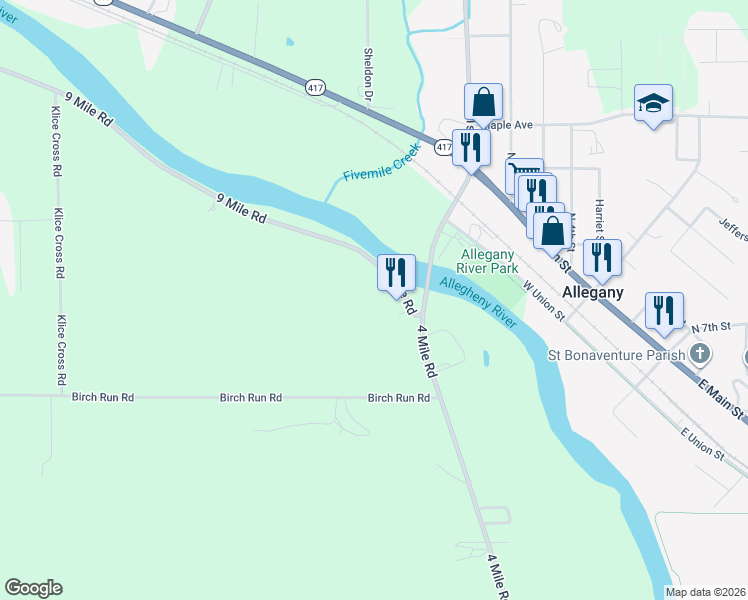 map of restaurants, bars, coffee shops, grocery stores, and more near 3799 9 Mile Road in Allegany