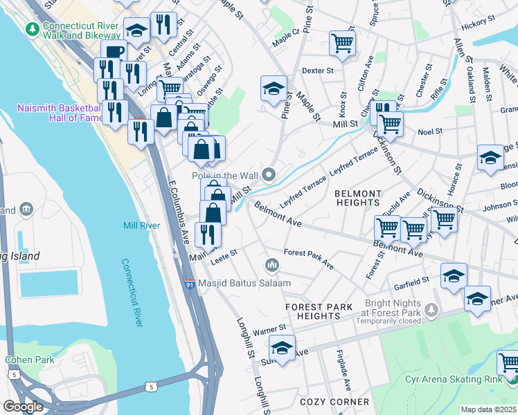 map of restaurants, bars, coffee shops, grocery stores, and more near 36 Belmont Avenue in Springfield