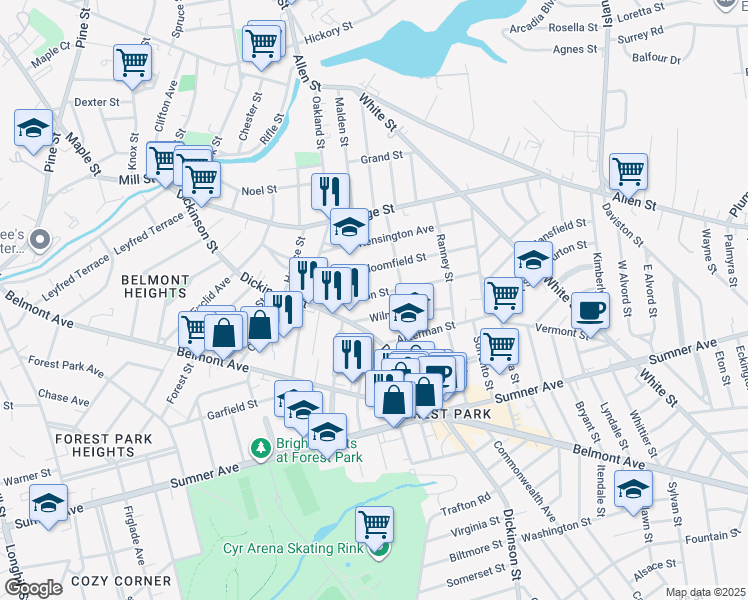 map of restaurants, bars, coffee shops, grocery stores, and more near 67 Johnson Street in Springfield