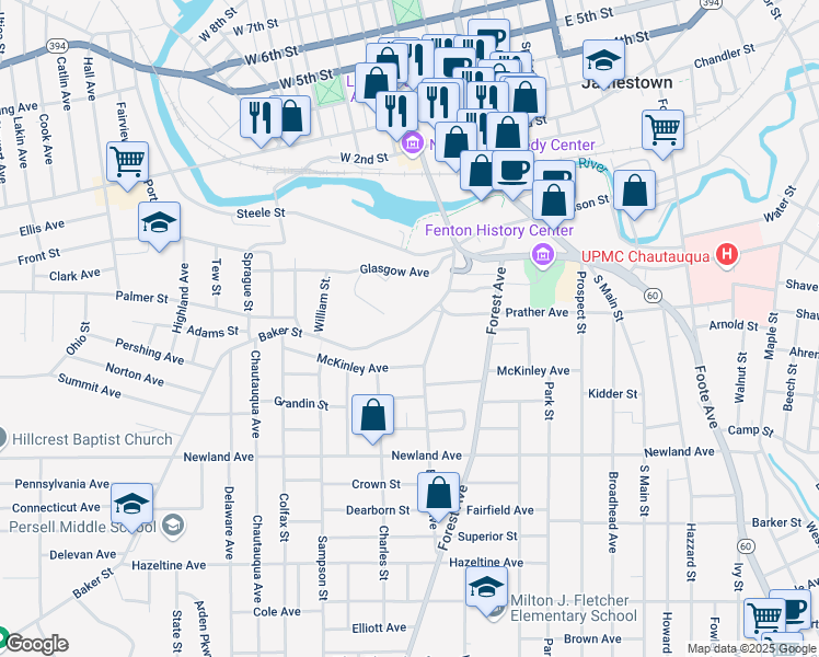 map of restaurants, bars, coffee shops, grocery stores, and more near 80 Baker Street in Jamestown