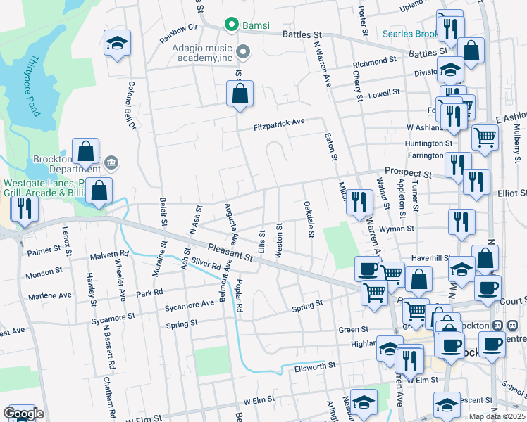map of restaurants, bars, coffee shops, grocery stores, and more near 67 Ellis Street in Brockton