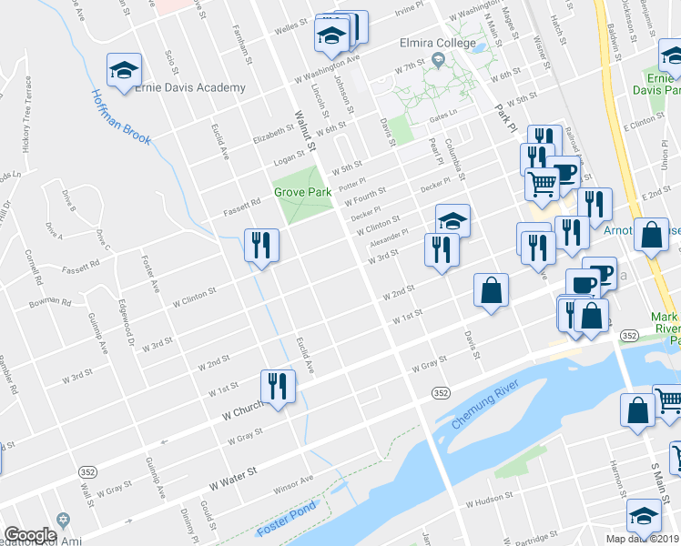 map of restaurants, bars, coffee shops, grocery stores, and more near 510 West 3rd Street in Elmira