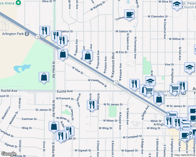 map of restaurants, bars, coffee shops, grocery stores, and more near 1118 West Hawthorne Street in Arlington Heights