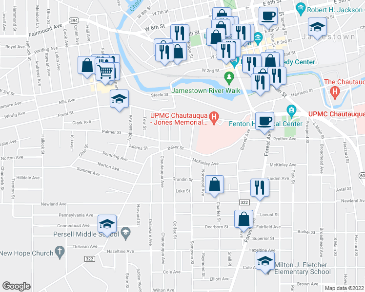 map of restaurants, bars, coffee shops, grocery stores, and more near 136 Baker Street in Jamestown