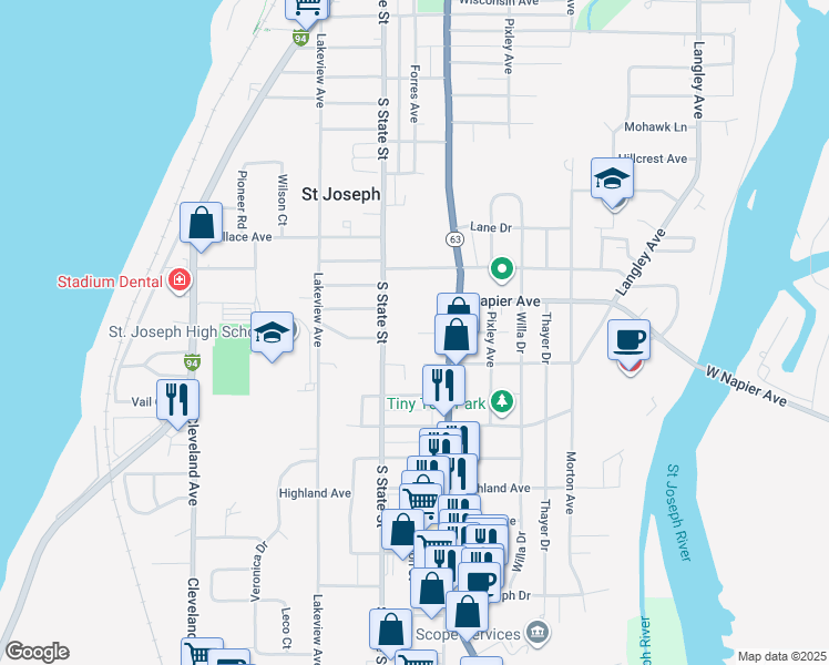 map of restaurants, bars, coffee shops, grocery stores, and more near 709 Myrtle Avenue in St. Joseph
