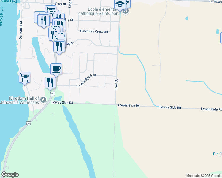 map of restaurants, bars, coffee shops, grocery stores, and more near 387 Summer Ridge Court in Amherstburg