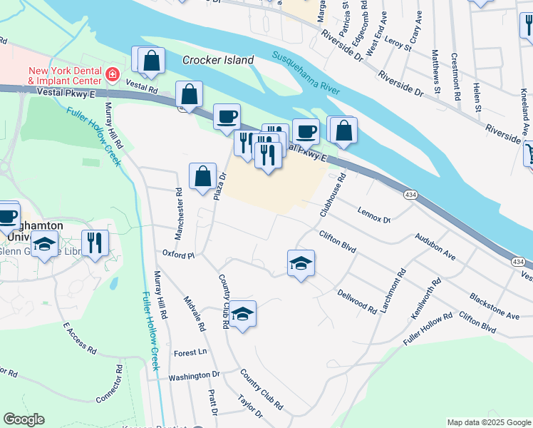 map of restaurants, bars, coffee shops, grocery stores, and more near 451 Plaza Drive in Vestal