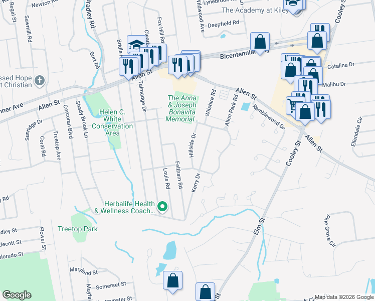 map of restaurants, bars, coffee shops, grocery stores, and more near 64 Hillside Drive in Springfield
