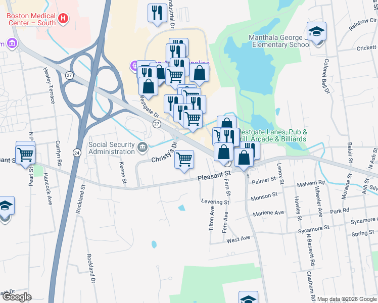map of restaurants, bars, coffee shops, grocery stores, and more near 701 Pleasant Street in Brockton