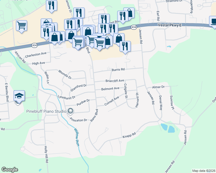 map of restaurants, bars, coffee shops, grocery stores, and more near 3121 Belmont Avenue in Vestal