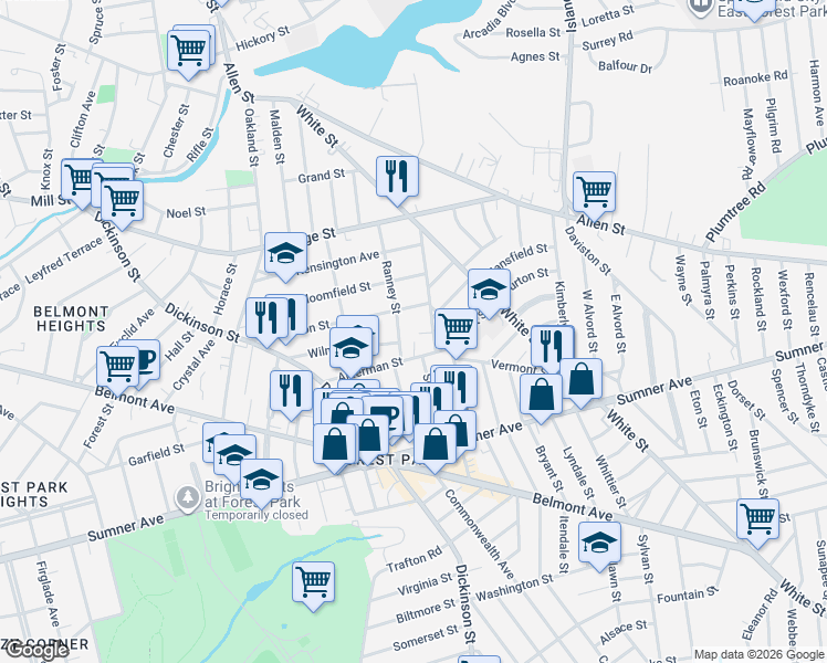 map of restaurants, bars, coffee shops, grocery stores, and more near 104-106 Pasadena Street in Springfield