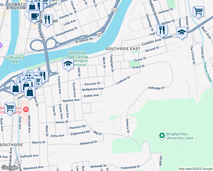 map of restaurants, bars, coffee shops, grocery stores, and more near 30 Parsons Street in Binghamton