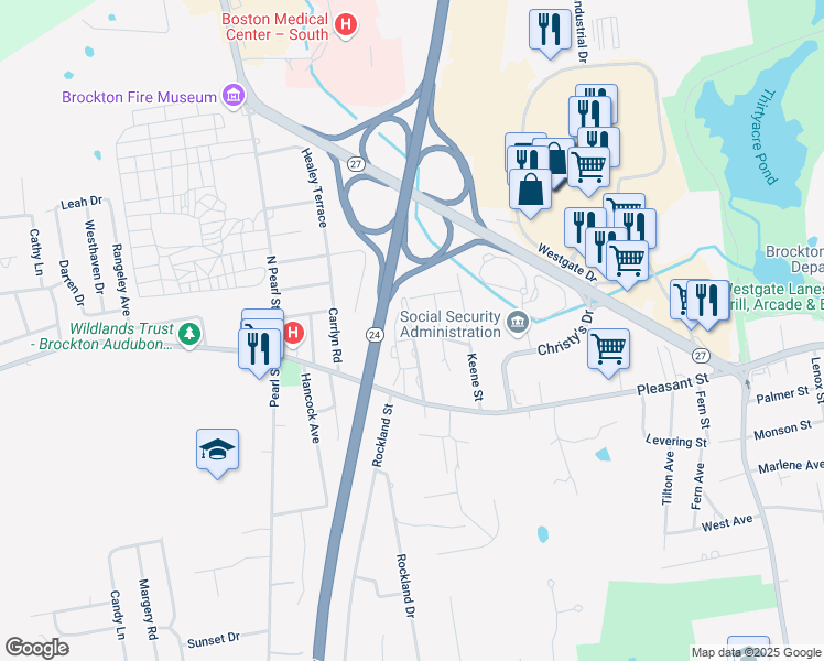 map of restaurants, bars, coffee shops, grocery stores, and more near 57 Westland Street in Brockton