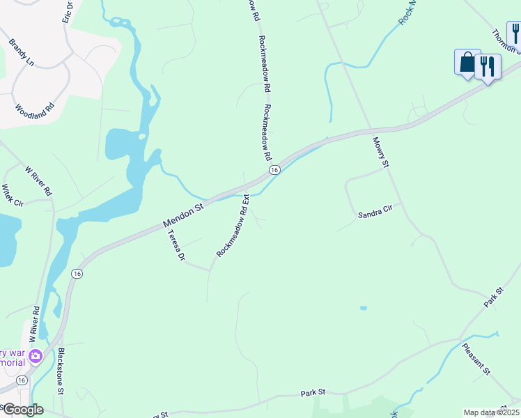 map of restaurants, bars, coffee shops, grocery stores, and more near 8 Rockmeadow Road Extension in Uxbridge