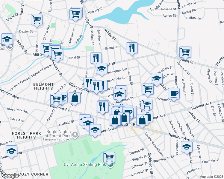 map of restaurants, bars, coffee shops, grocery stores, and more near 97 Johnson Street in Springfield