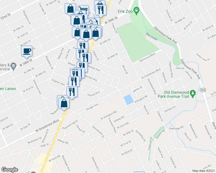 map of restaurants, bars, coffee shops, grocery stores, and more near 413 Hillcrest Avenue in Erie