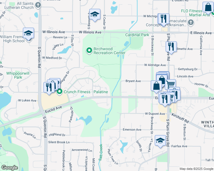 map of restaurants, bars, coffee shops, grocery stores, and more near 1121 South Deverell Ccourt in Palatine