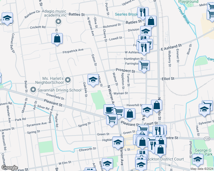 map of restaurants, bars, coffee shops, grocery stores, and more near 182 North Warren Avenue in Brockton