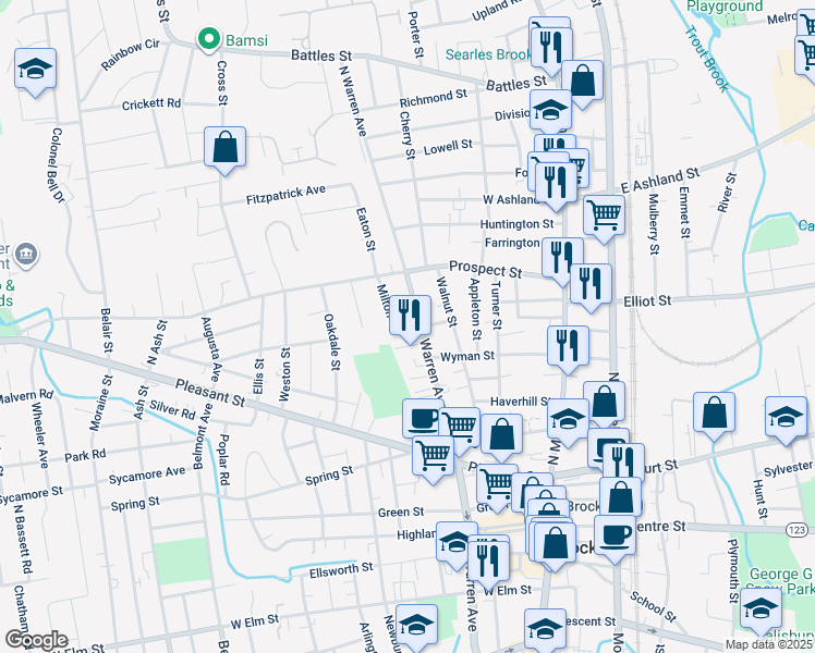 map of restaurants, bars, coffee shops, grocery stores, and more near 182 North Warren Avenue in Brockton