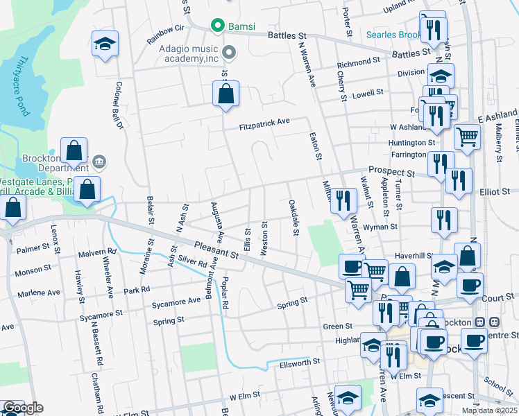 map of restaurants, bars, coffee shops, grocery stores, and more near 67 Ellis Street in Brockton