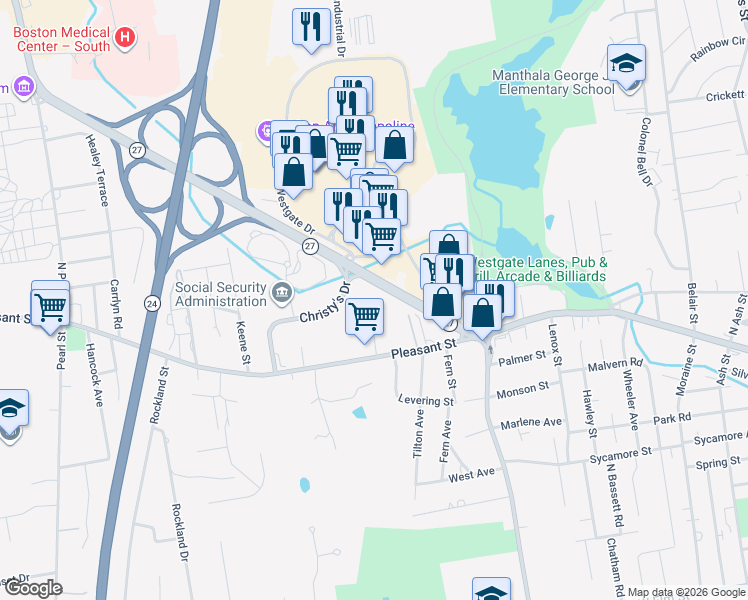 map of restaurants, bars, coffee shops, grocery stores, and more near 701 Pleasant Street in Brockton