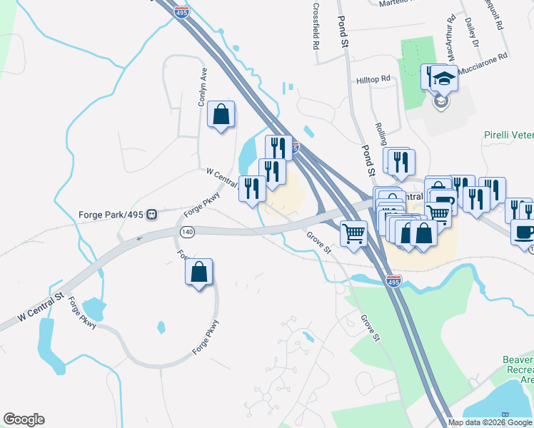 map of restaurants, bars, coffee shops, grocery stores, and more near 836 West Central Street in Franklin