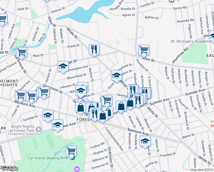 map of restaurants, bars, coffee shops, grocery stores, and more near 44 Scott Street in Springfield