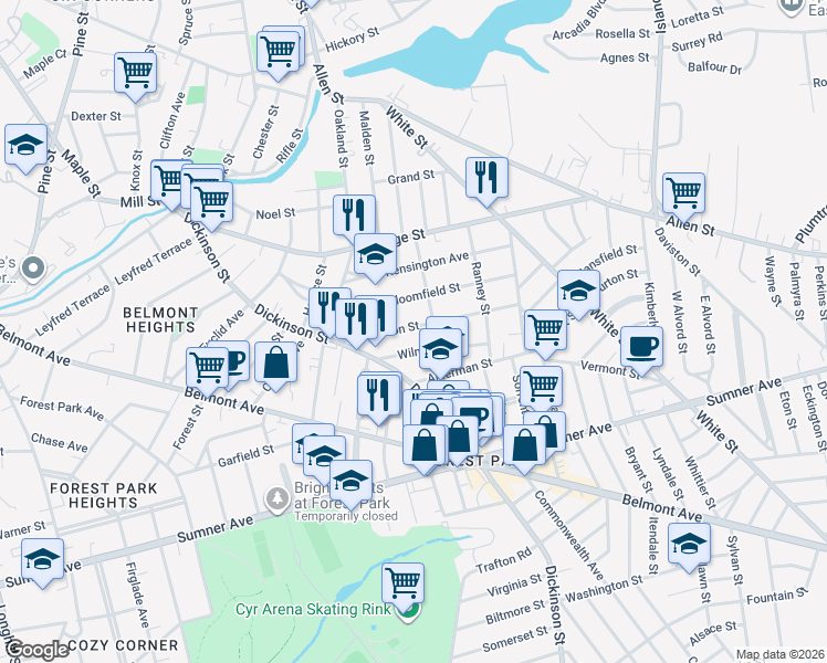 map of restaurants, bars, coffee shops, grocery stores, and more near 97 Johnson Street in Springfield
