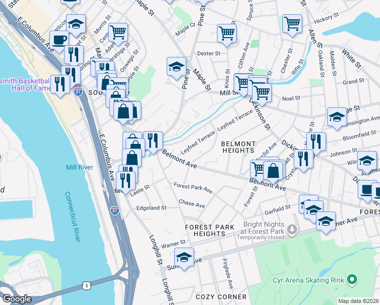 map of restaurants, bars, coffee shops, grocery stores, and more near 23 Leyfred Terrace in Springfield