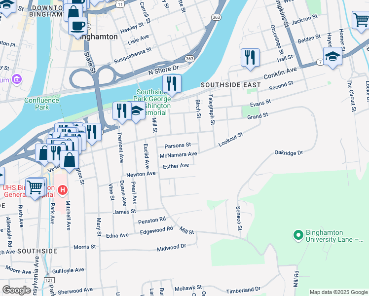 map of restaurants, bars, coffee shops, grocery stores, and more near 14 Parsons Street in Binghamton