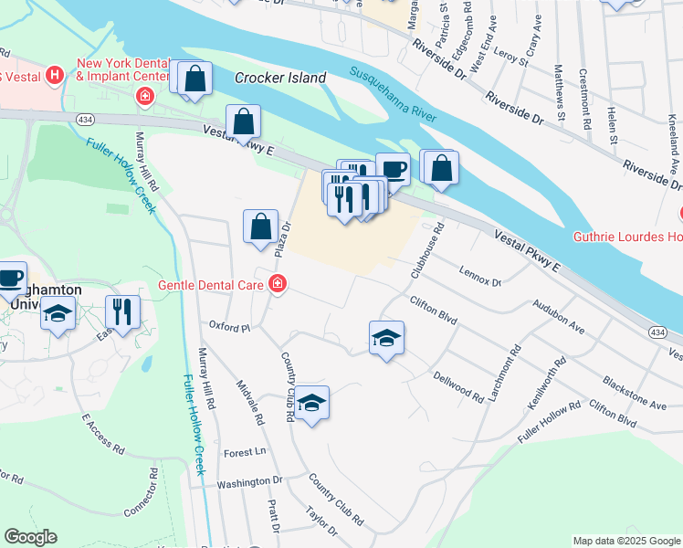map of restaurants, bars, coffee shops, grocery stores, and more near 451 Plaza Drive in Vestal