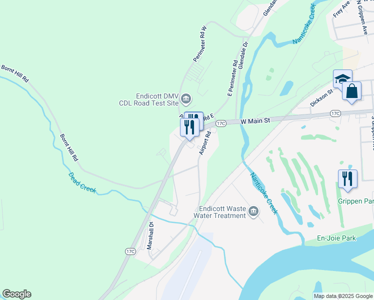 map of restaurants, bars, coffee shops, grocery stores, and more near 1230 Campville Road in Endicott