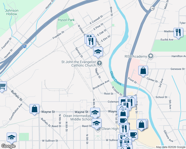 map of restaurants, bars, coffee shops, grocery stores, and more near 901 Maple Street in Olean